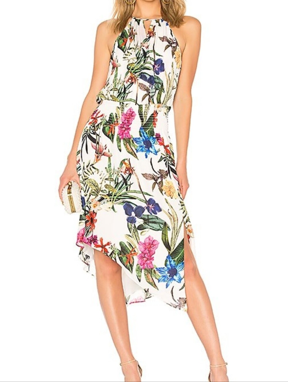 Parker Herley Silk Floral Asymmetrical Keyhole Midi Dress sz XL White Sardinia